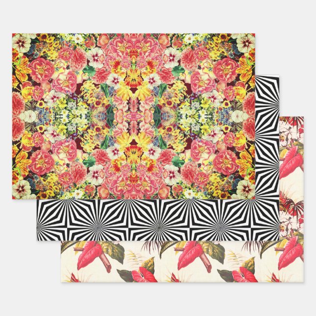 Hollywood Floral Op-Art Sampler Wrapping Paper Sheet (Set)