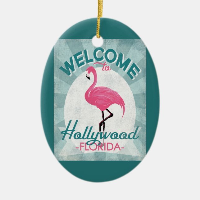 Hollywood Florida Pink Flamingo Retro Ceramic Ornament (Front)
