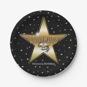 Hollywood Gold Star Black Birthday Party Paper Plate