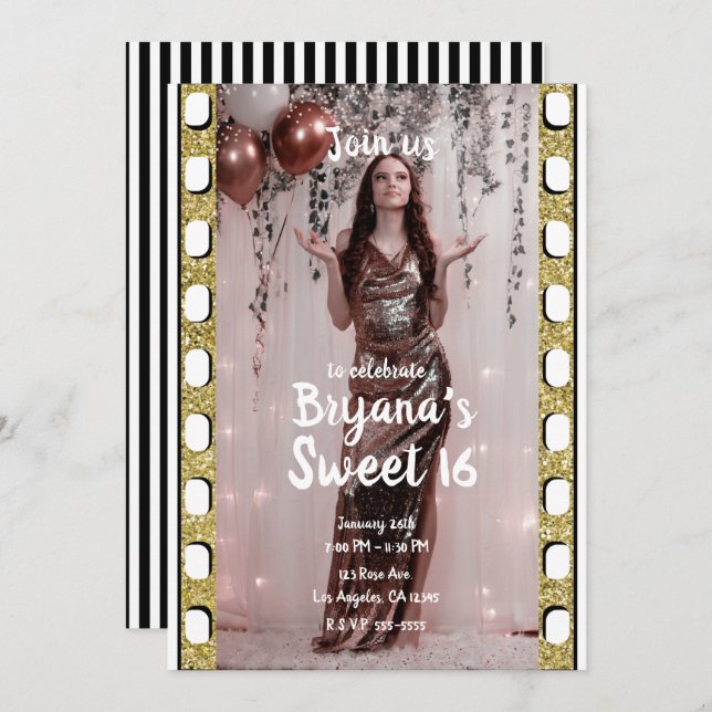 Hollywood Movie Gold Glitter Film Sweet 16 Party Invitation (Front/Back)