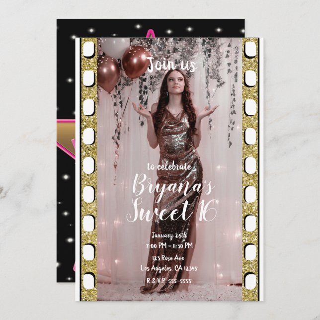 Hollywood Movie Gold Pink Star Film Sweet 16   Invitation (Front/Back)