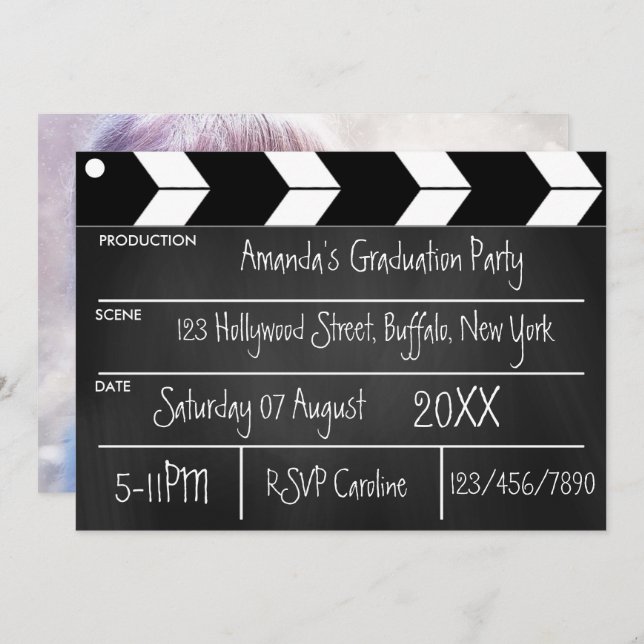 Hollywood Movie Graduation Party Chalkboard Photo Invitation (Front/Back)