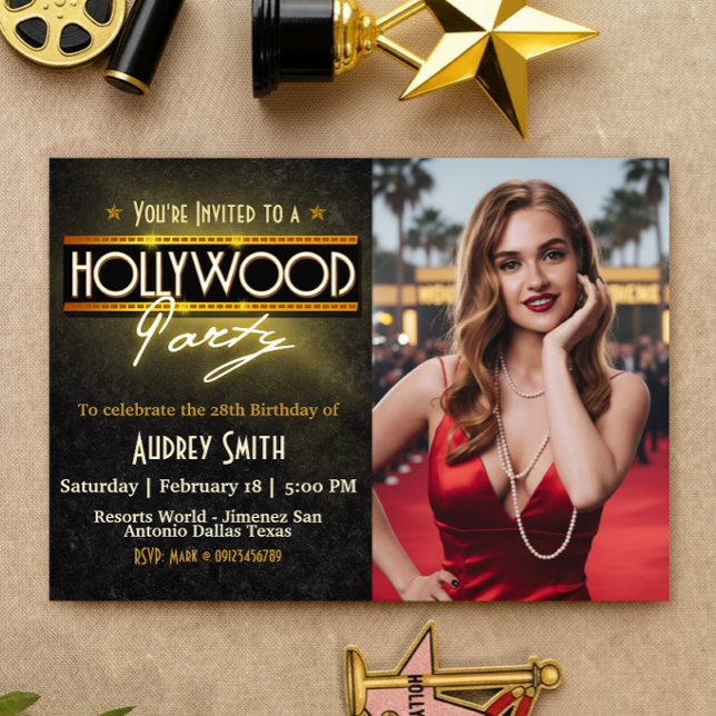 Hollywood Party with Picture Birthday Invitation (Hollywood Party with Picture Birthday Invitation)