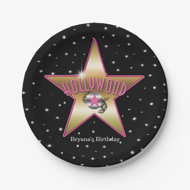 Hollywood Pink & Gold Star Black Birthday Party Paper Plate (Front)