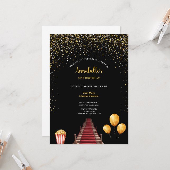 Hollywood Red Carpet Birthday Party Invitation (Front/Back In Situ)