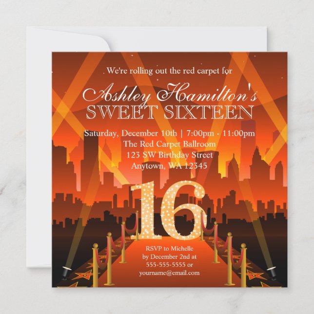 Hollywood Red Carpet City Sweet 16 Birthday Invitation (Front)