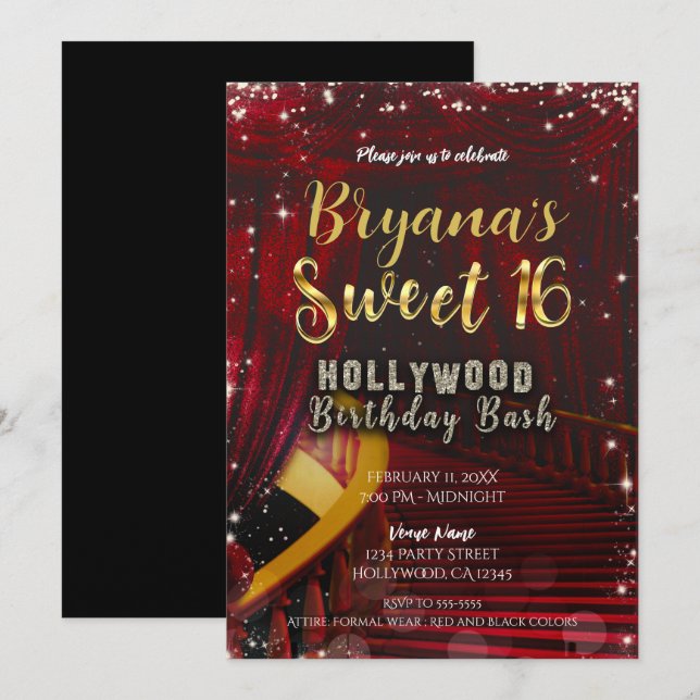 Hollywood Red Carpet Stairs SWEET 16 16th Party Invitation (Front/Back)
