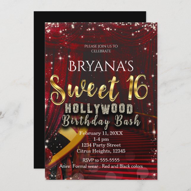 Hollywood Red Carpet Stairs SWEET 16 Birthday Invitation (Front/Back)