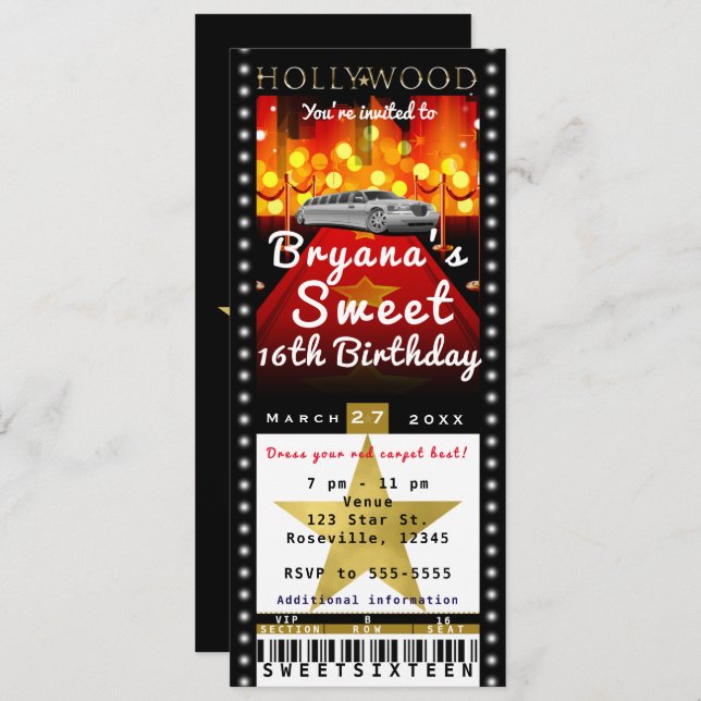 Hollywood Red Carpet VIP Party Ticket Invitation (Front/Back)