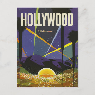 Hollywood, reflector lights at night, vintage postcard