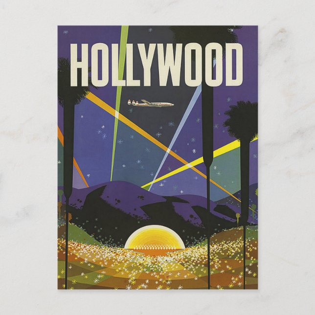 Hollywood, reflector lights at night, vintage postcard (Front)