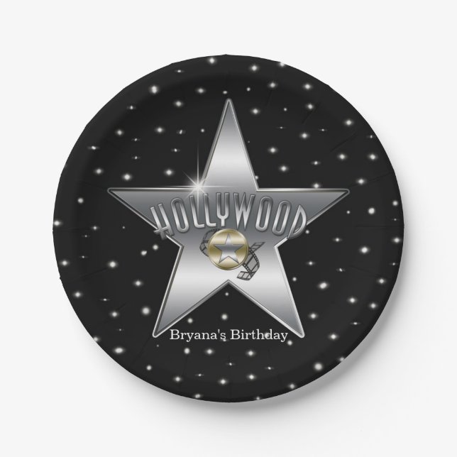 Hollywood Silver Star Black Birthday Party Paper Plate (Front)