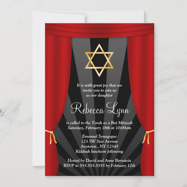 Hollywood Star of David Bat Mitzvah Invitations (Front)
