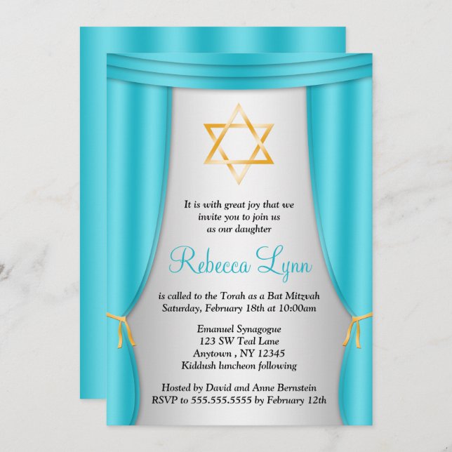 Hollywood Star of David Teal Silver Bat Mitzvah Invitation (Front/Back)