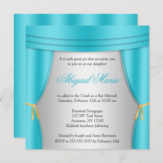 Hollywood Teal Silver Curtain Bat Mitzvah Square Invitation (Front/Back)