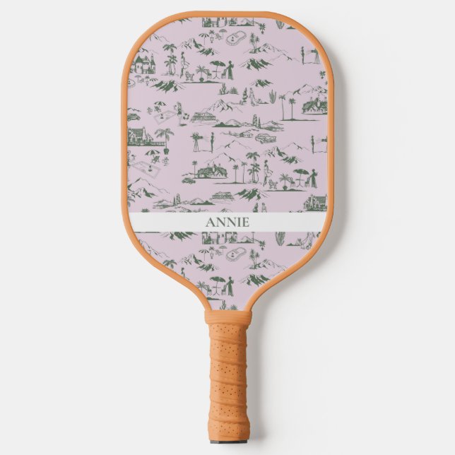 Hollywood Toile de Jouy Pink Green Pickleball Paddle (Front)