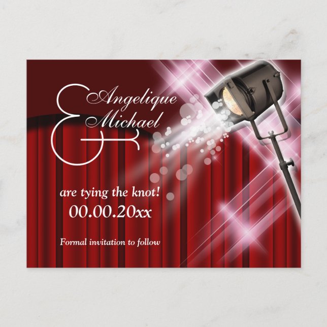 Hollywood wedding "save the date" red black white announcement postcard (Front)