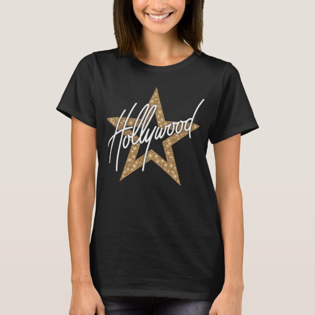 Hollywood White Hand Script With Star T-Shirt (Front)