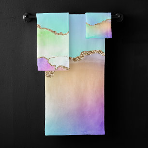 Holo Agate Faux Iridescent Pastel Ombre Marble Bath Towel Set