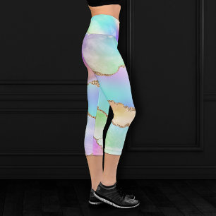 Holo Agate   Faux Iridescent Pastel Ombre Marble Capri Leggings