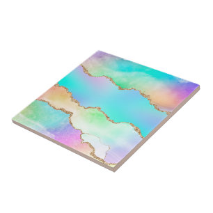 Holo Agate   Faux Iridescent Pastel Ombre Marble Ceramic Tile