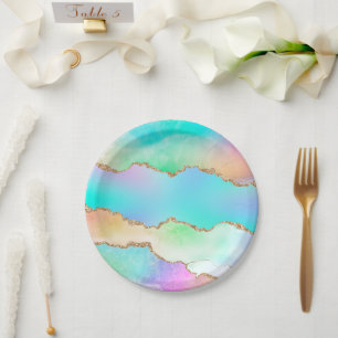 Holo Agate   Faux Iridescent Pastel Ombre Marble Paper Plate
