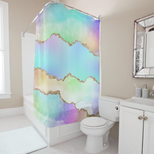 Holo Agate | Faux Iridescent Pastel Ombre Marble Shower Curtain (In Situ)