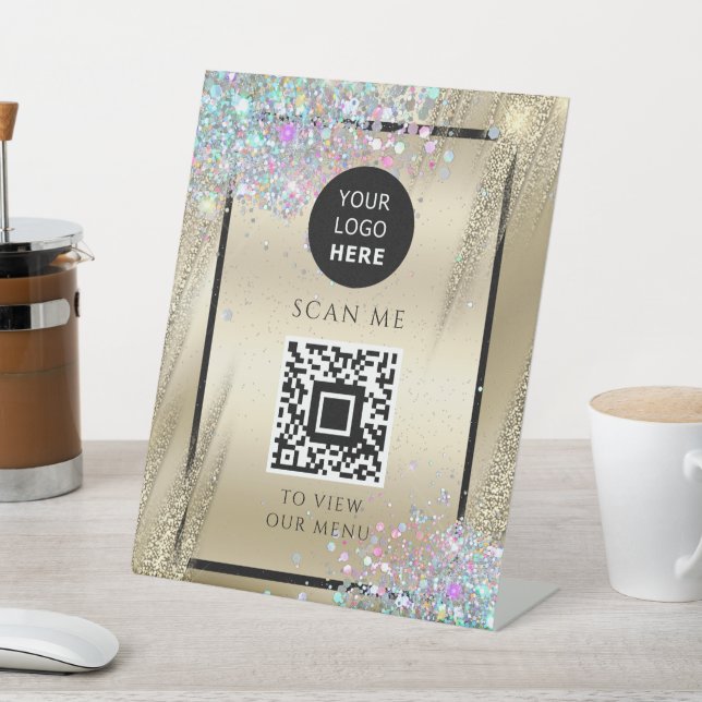 Holo Glitter Business QR Code Logo Metallic Gold Pedestal Sign (In SItu)