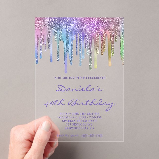 Holo Glitter Rainbow Drips 40th Birthday Acrylic Invitations (Insitu (Handheld))
