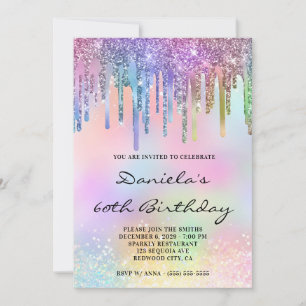 Holo Glitter Rainbow Drips 60th Birthday Invitation