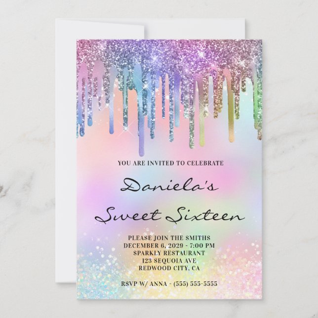 Holo Glitter Rainbow Drips Sweet Sixteen Invitation (Front)