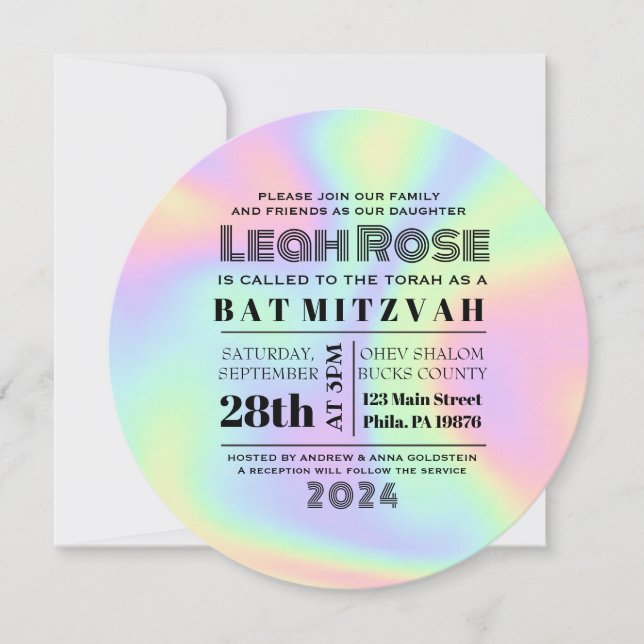 Hologram Iridescent Rainbow Bat Mitzvah Invitation (Front)