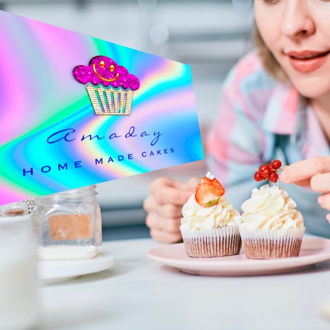 Holograph Bakery Home Made Cakes Logo Muffin Smile Business Card (QR Code Personal Chef Cooking RestaurantFoodOrange Business Card)