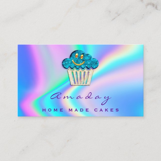 Holograph Bakery Home Made Cakes Logo Muffin Teal Business Card (Front)