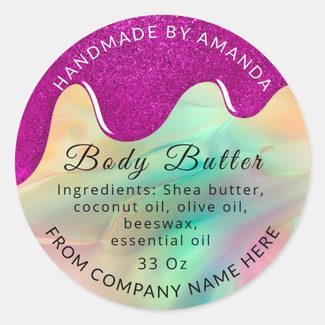 Holograph Custom Logo Name Body Butter Drips Classic Round Sticker (Front)