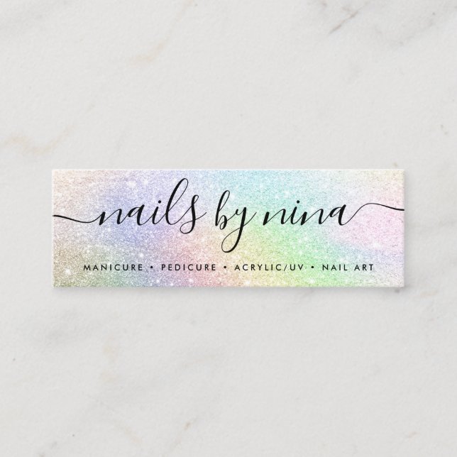Holograph rainbow glitter elegant script signature mini business card (Front)