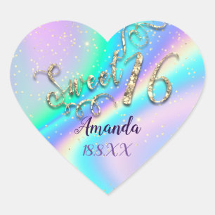 Holograph Sweet 16th Unicorn Heart Glitter Spark Heart Sticker