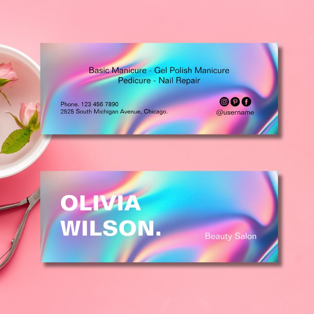 Holographic Aesthetician Social Media Icons Beauty Mini Business Card (Holographic Aesthetician Social Media Icons Beauty Mini Business Card)