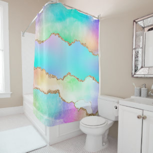 Holographic Agate   Iridescent Pastel Ombre Marble Shower Curtain