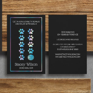 Holographic And Charcoal Paw Print Dog Groomer Business Card