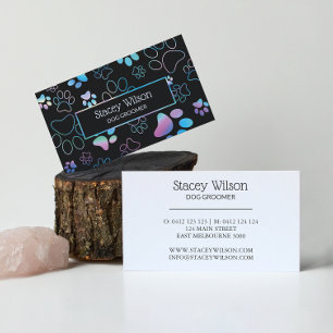Holographic And Charcoal Paw Print Pet Groomer Business Card