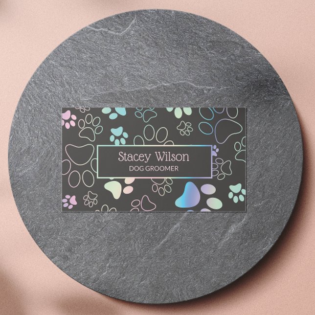  Holographic And Charcoal Paw Print Pet Groomer  Business Card (Creator Uploaded)