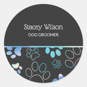 Holographic And Charcoal Paw Print Pet Groomer Classic Round Sticker