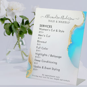 Holographic Aqua Marble Gold Salon Price List Pedestal Sign