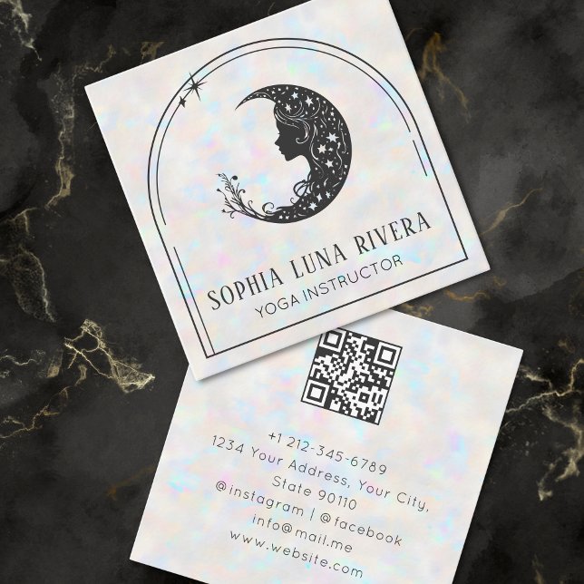 Holographic Arch Celestial Crescent Moon QR Code Square Business Card (Holographic Arch Celestial Crescent Moon QR Code Square Business Card)