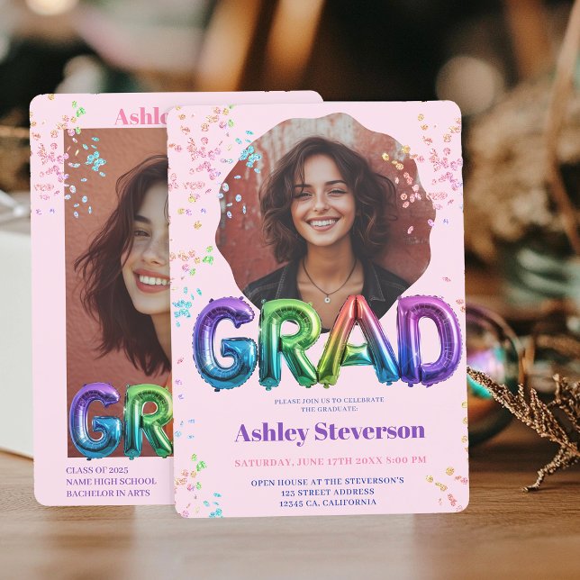  Holographic Balloon Lettering Graduation 2 Photos Invitation (Holographic Balloon Lettering Graduation 2 Photos Invitation)