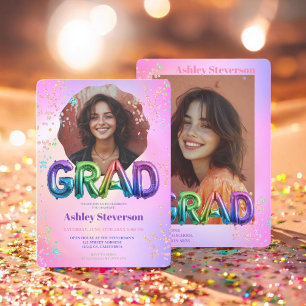 Holographic Balloon Lettering Graduation 2 Photos Invitation