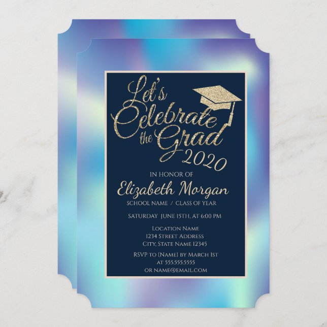 Holographic Blue Glitter Graduation Cap Graduation Invitation (Front/Back)