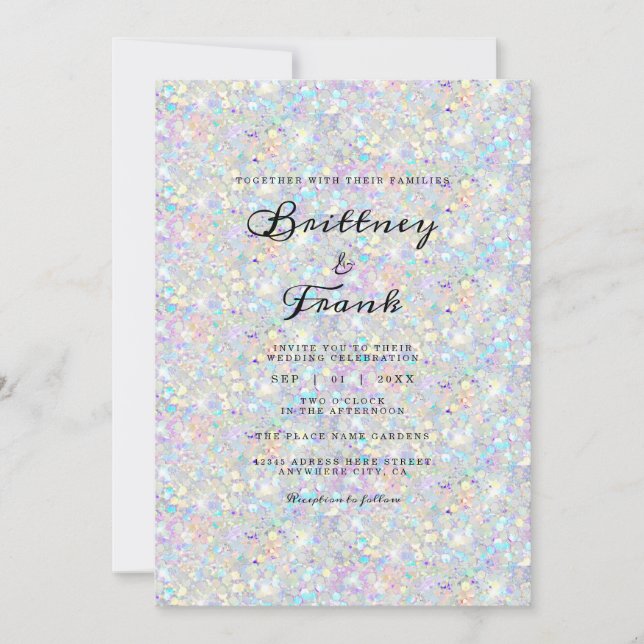 Holographic Blue Glitter Modern White Elegant Invitation (Front)