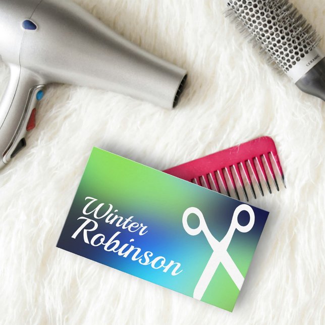 Holographic blue green turquoise hairstylist business card (Hologram gradient design for hairstylist salon business card )